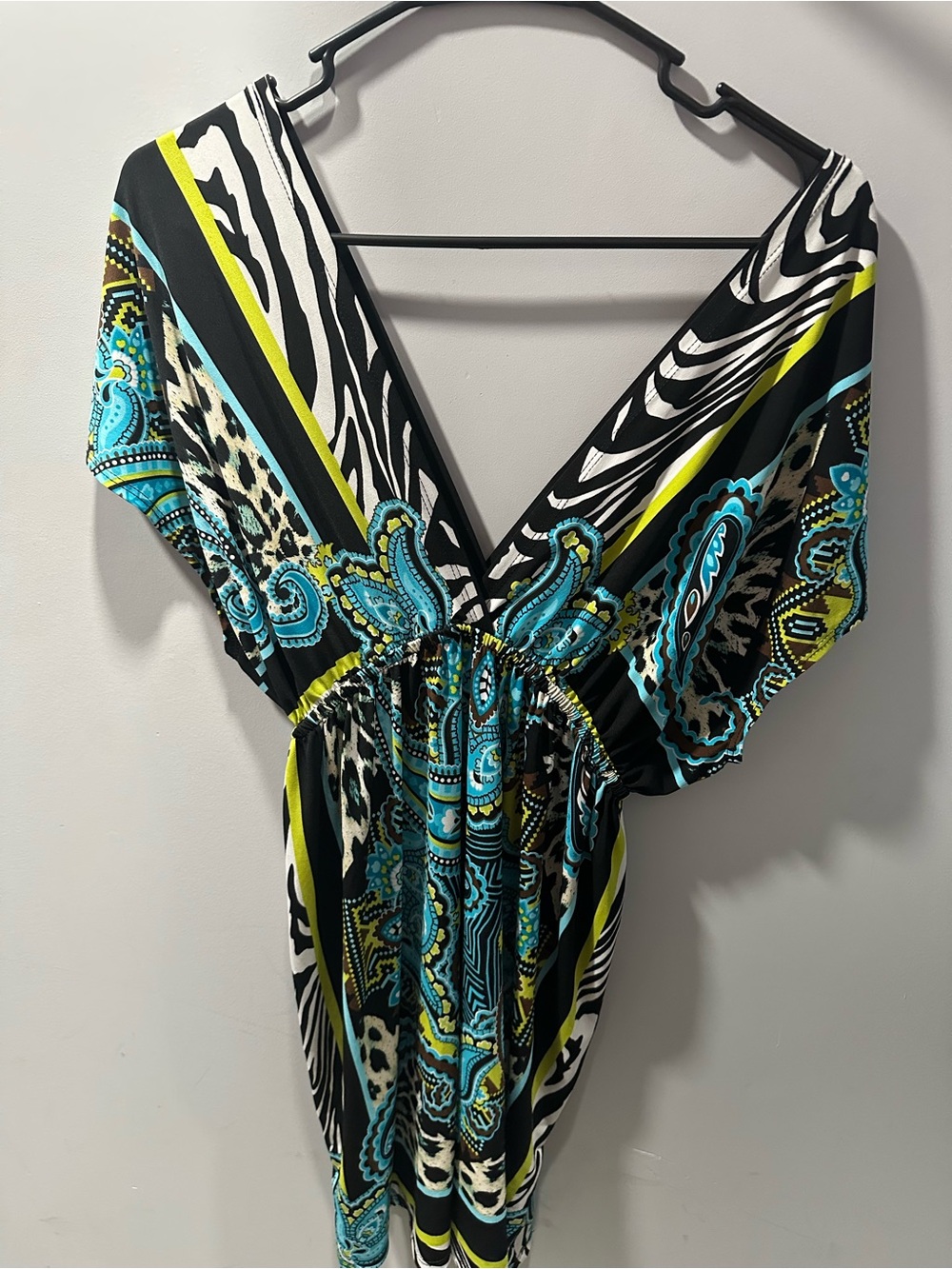 Dots Black, Teal & Neon Yellow Paisley V-Neck Tunic